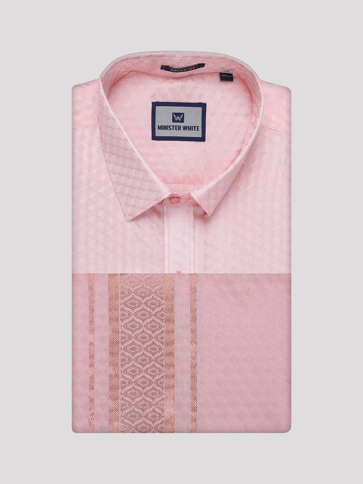 Men's Art Silk Pink Full Sleeves Shirt with 2 1/2" Copper Jari Border Dhoti Combo Nautica