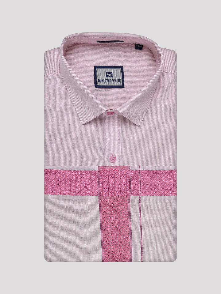 Men's Rose Tissue Stripe Shirt and Dhoti Combo with Jacquard Border Kane
