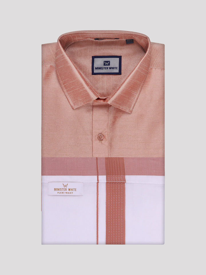 Mens Light Brown Dupion Satin Shirt with Matching Border Flexi Dhoti Combo Gora Flexi
