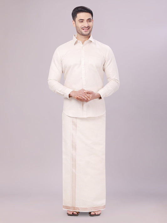 Men's Almond Tissue Jacquard Shirt with Matching Flexi Dhoti Combo Zeebra