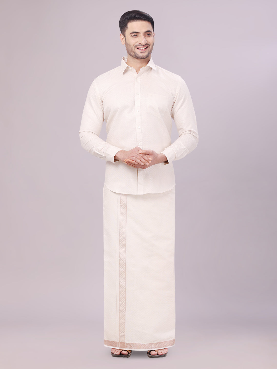 Men's Almond Tissue Jacquard Shirt with Matching Flexi Dhoti Combo Zeebra