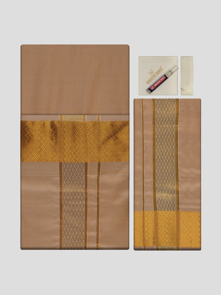Men's Premium Art Silk Biscuit Shirt Bit with 2 1/2" Gold Jari Border Dhoti Towel Combo Sieger