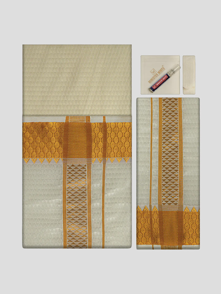 Men's Premium Art Silk Cream Shirt Bit with 2 1/2" Gold Jari Border Dhoti Towel Combo Sieger