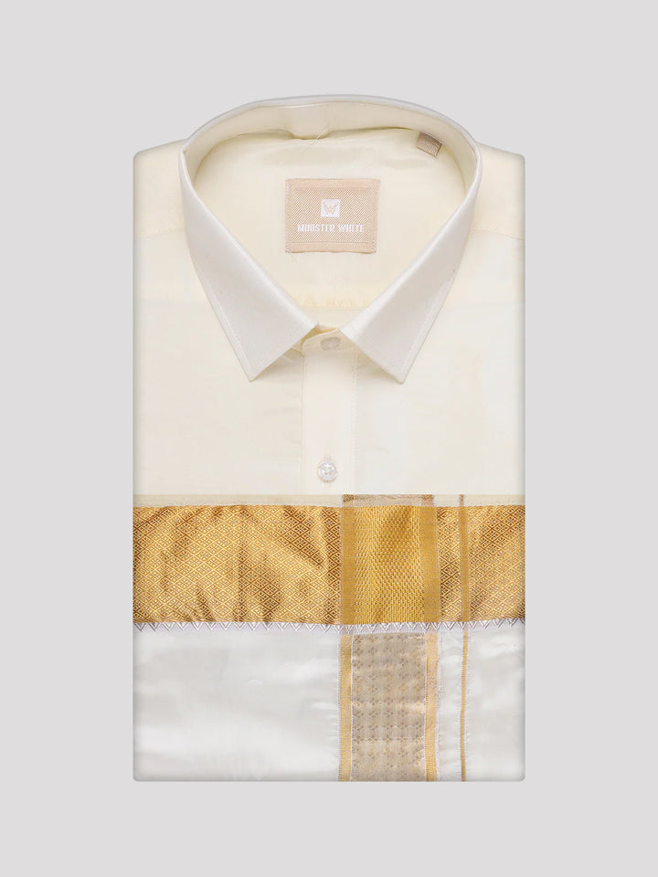 Men's Art Silk Cream Full Sleeves Shirt with 3" Gold Jari Border Dhoti Combo Mangal