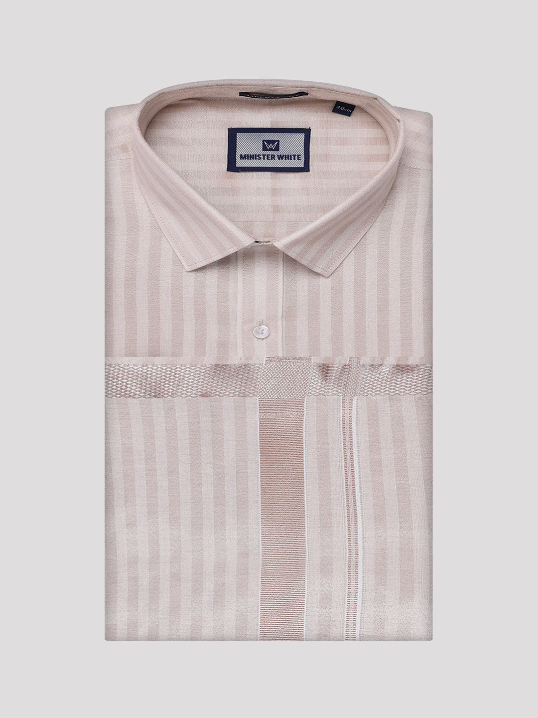 Men's Tissue Stripes Almond Shirt & Jari Border Dhoti Wedding Combo Finely