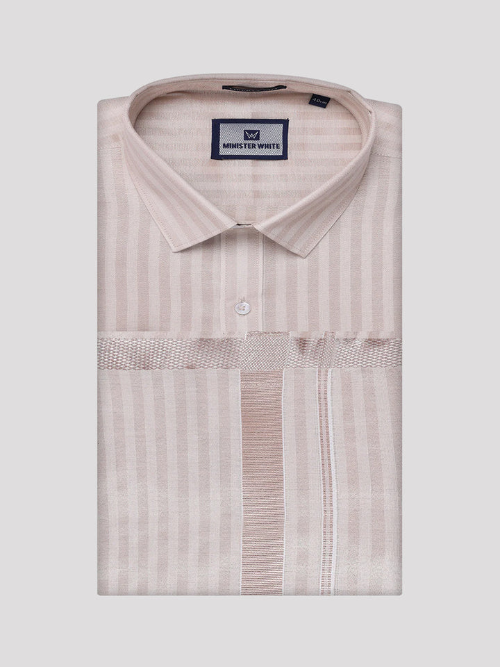 Men's Tissue Stripes Almond Shirt & Jari Border Dhoti Wedding Combo Finely