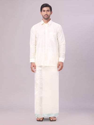 Men's Art Silk Cream Full Sleeves Shirt with Fancy Jari Border Dhoti Combo Finesse