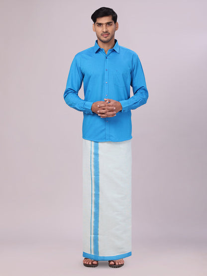 Men's Cotton Blue Shirt with Tissue Matching Border Dhoti Wedding Combo Kandala