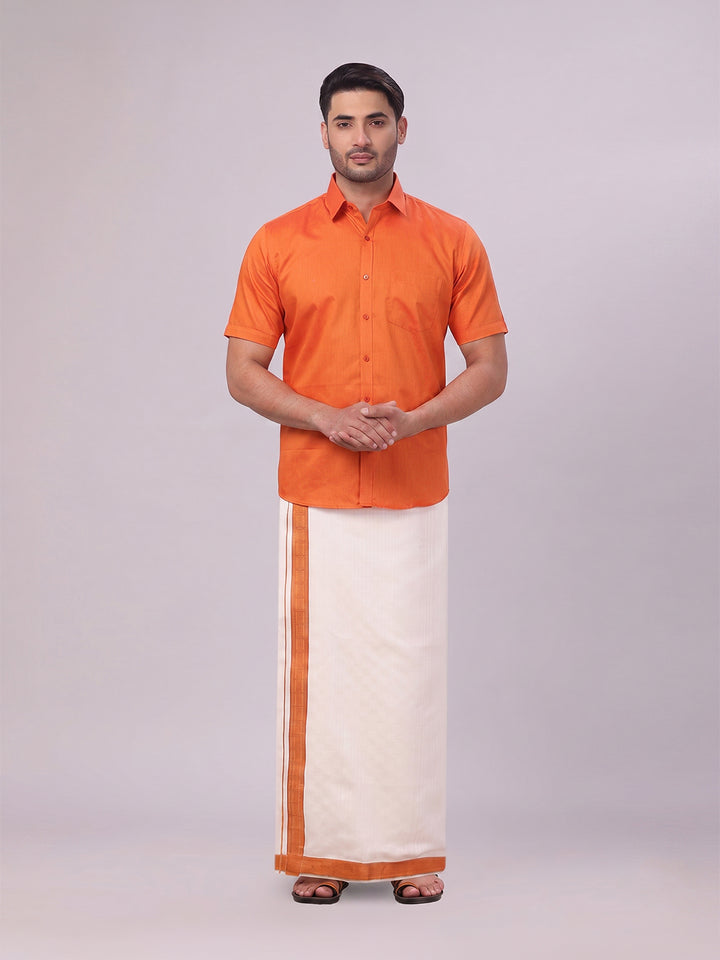 Men's Cotton Brick Shirt and Airtex Matching Border Dhoti Combo Nector