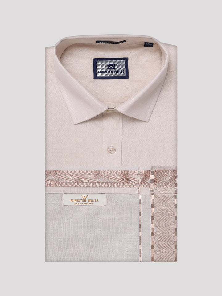 Mens Tissue Light Copper Shirt with Jacquard Fancy Border Flexi Dhoti Wedding Combo Nios