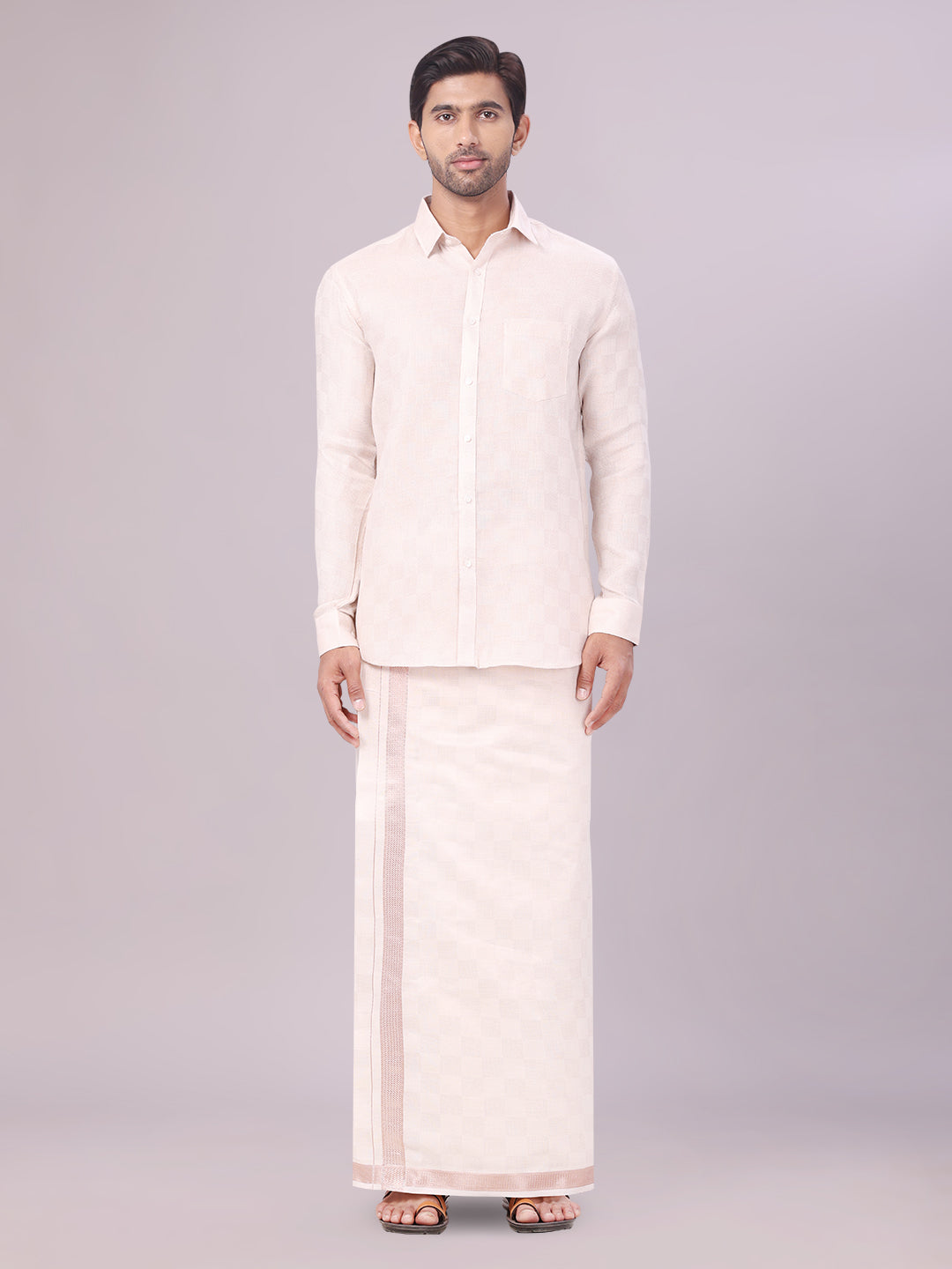 Mens Almond Tissue Jacquard Shirt with Matching Dhoti Combo Zeus