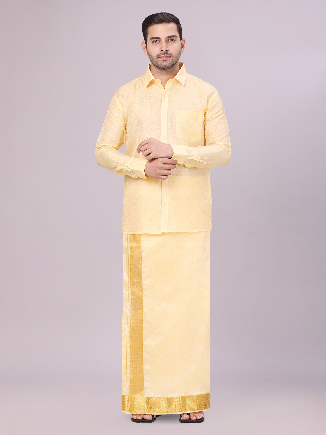 Men's Art Silk Light Gold Full Sleeves Shirt with 3" Gold Jari Border Dhoti Combo Neogen