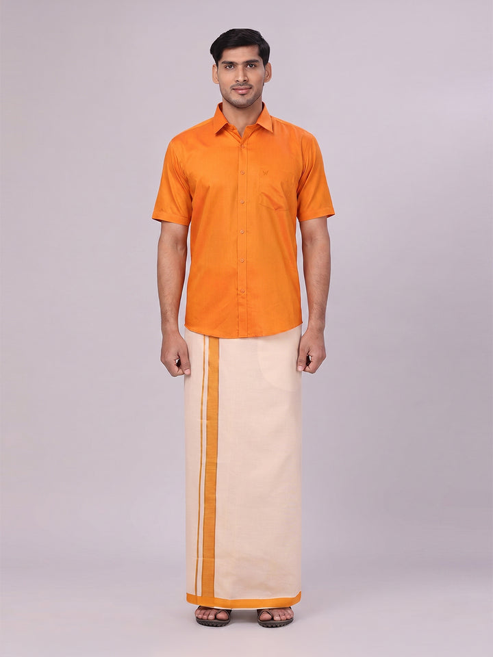 Mens Cotton Orange Shirt with Tissue Matching Border Dhoti Wedding Combo Kandala