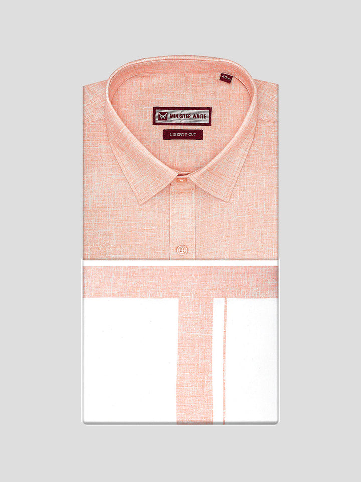 Men's Coral Color Digital Printed Shirt with Matching Printed Border Dhoti Combo Varnam