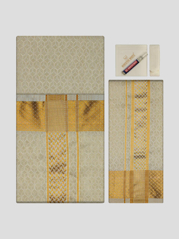 Men's Premium Art Silk Cream Shirt Bit with 2 1/2" Gold Jari Border Dhoti Towel Combo Sweden