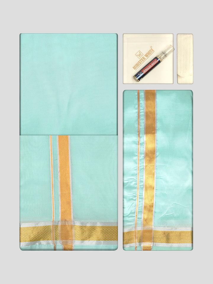 Men's Premium Art Silk Mint Leaf Green Shirt Bit with Gold Jari Border Dhoti Towel Combo Wedding Wonders