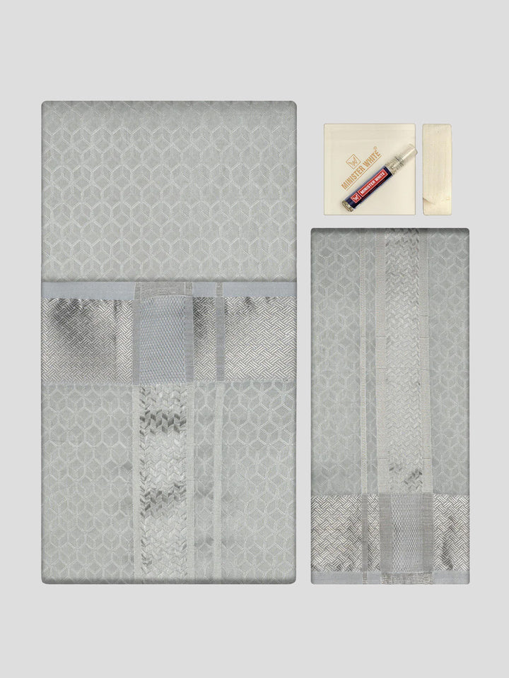 Men's Premium Art Silk Silver Shirt Bit with 2 1/2" Silver Jari Border Dhoti Towel Combo Sweden