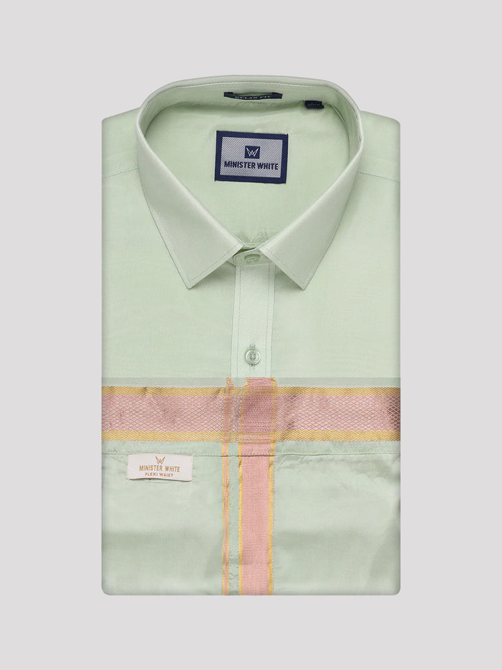 Mens Art Silk Pista Green Full Sleeves Shirt with Gold Jari Border Flexi Dhoti Combo Finesse