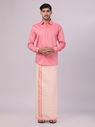 Men's Cotton Pink Shirt with Tissue Matching Border Flexi Dhoti Wedding Combo Kandala