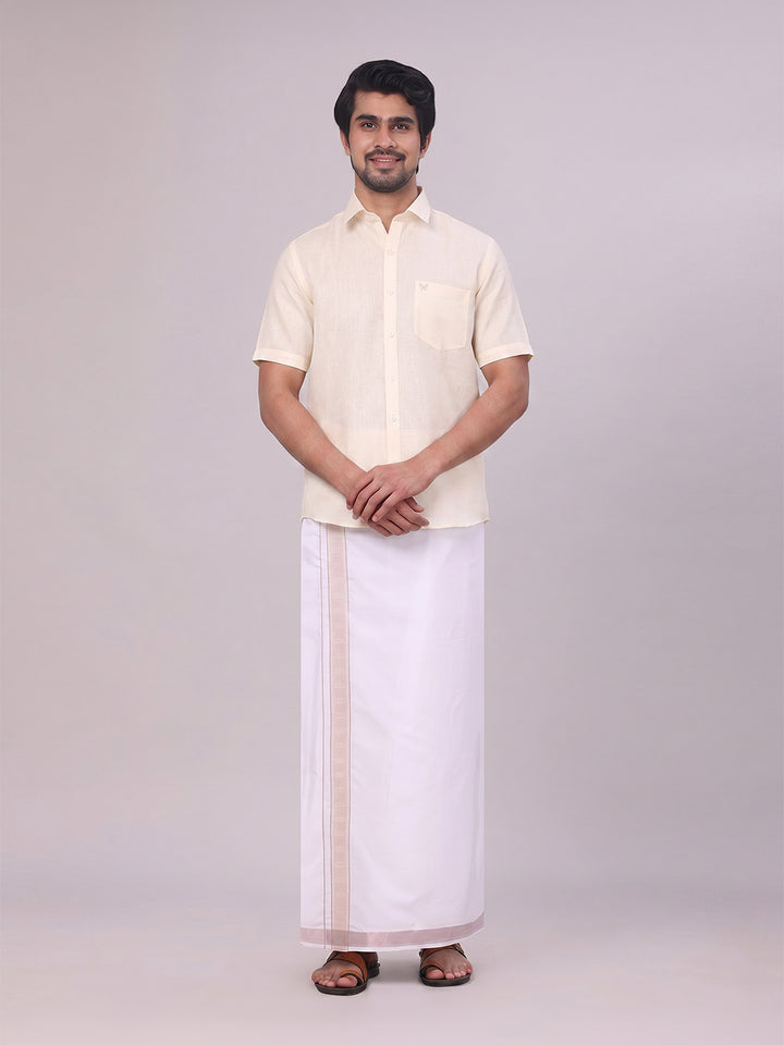 Mens Cream Shirt with Matching jacquard Weave Border Dhoti Combo Marsh