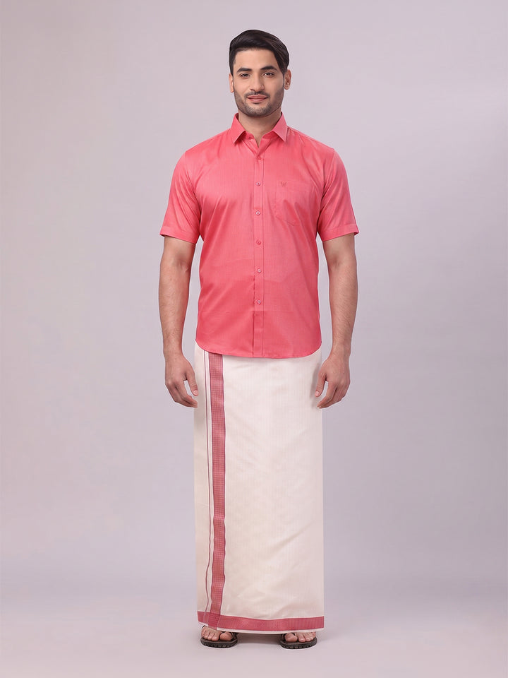 Men's Cotton Dark Pink Shirt and Airtex Matching Border Dhoti Combo Nector