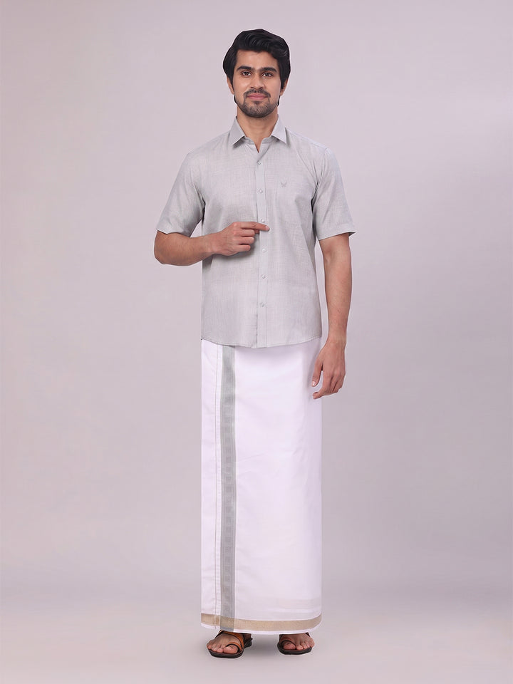 Mens Light Grey Shirt with Matching jacquard Weave Border Dhoti Combo Marsh