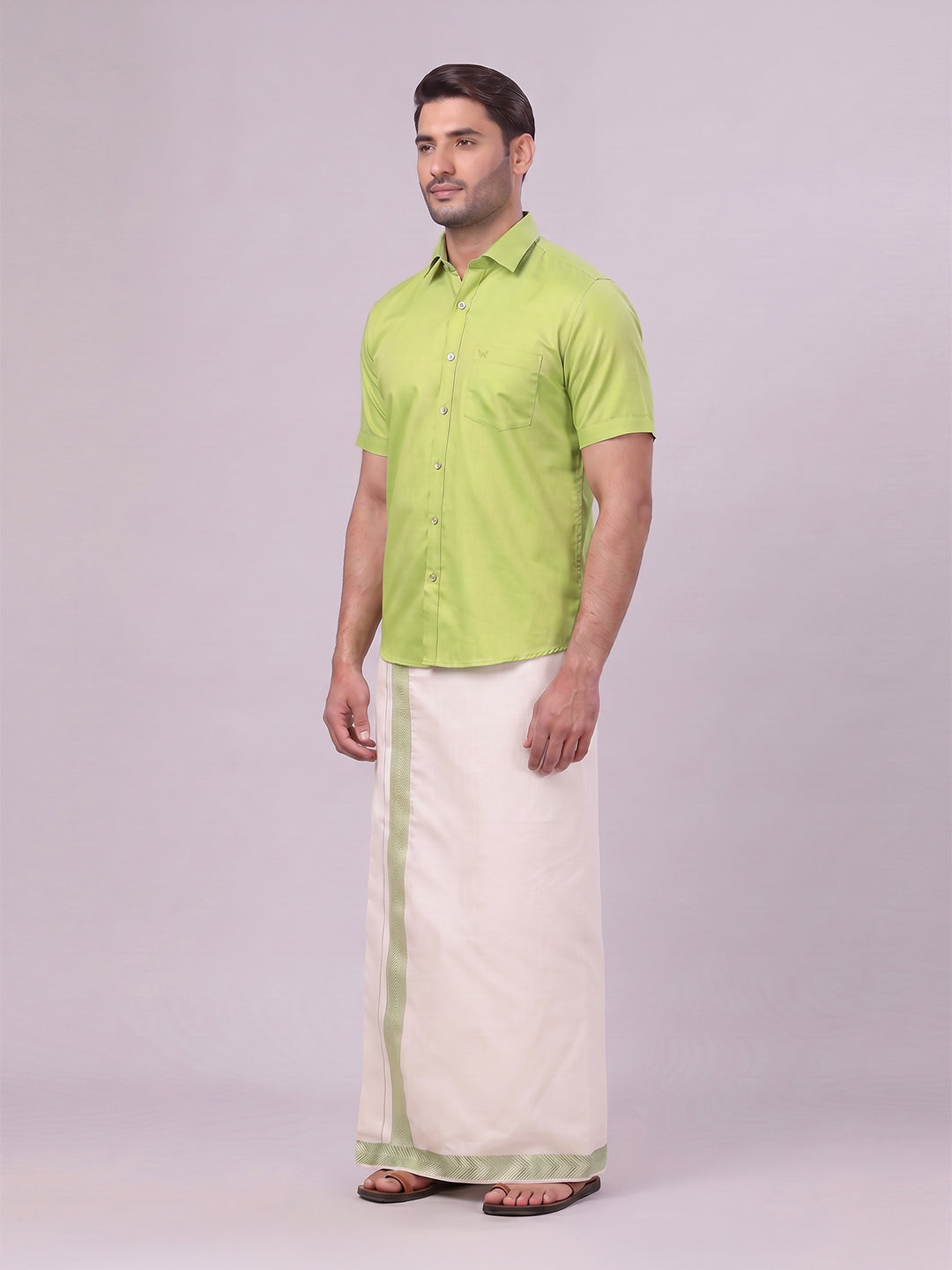 Men Cotton Parrot Green Shirt and Airtex Matching Border Dhoti Combo Nector