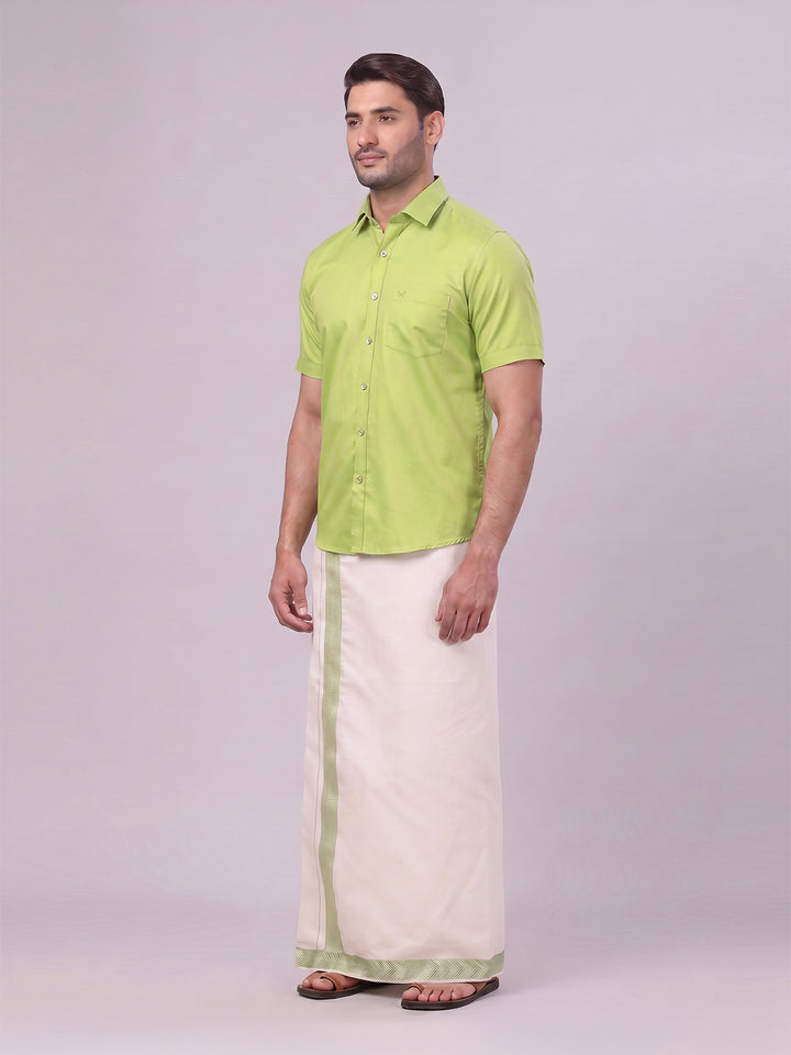 Men Cotton Parrot Green Shirt and Airtex Matching Border Dhoti Combo Nector