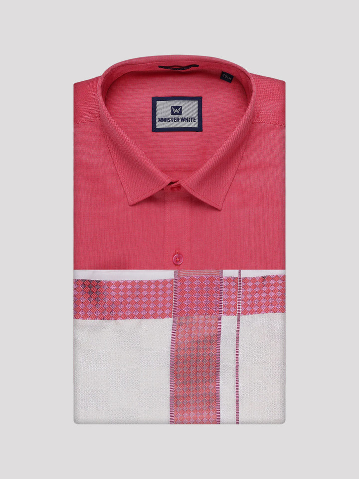 Men's Cotton Dark Pink Shirt and Airtex Matching Border Dhoti Combo Nector