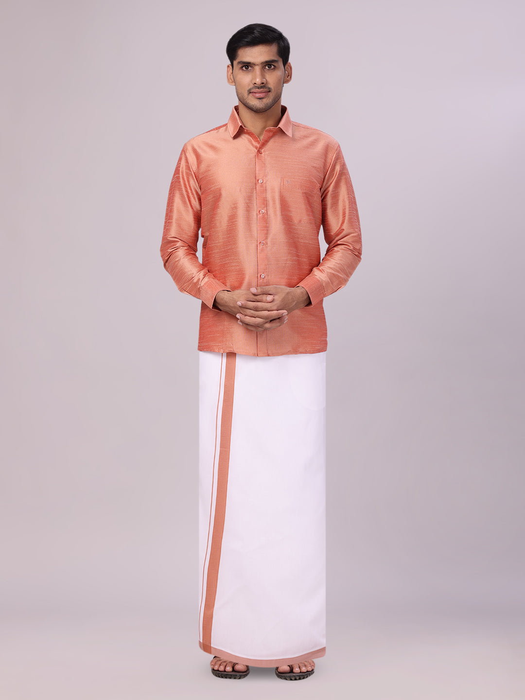 Mens Light Brown Dupion Satin Shirt with Matching Border Dhoti Combo Gora