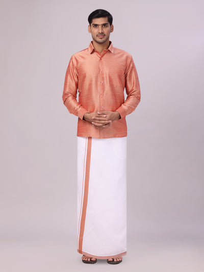 Mens Light Brown Dupion Satin Shirt with Matching Border Dhoti Combo Gora