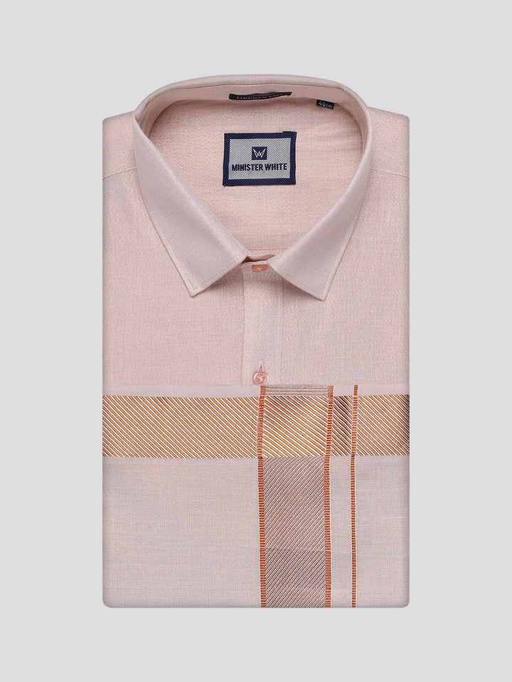 Men's Copper Tissue Stripe Shirt and Dhoti Combo with Jacquard Border Kane