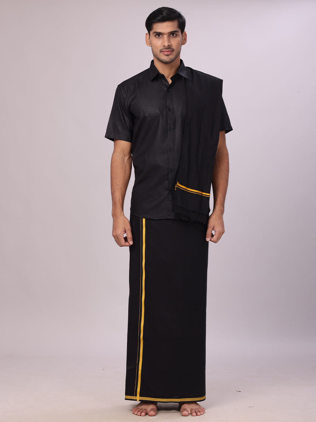 Men's Devotional Cotton Black Shirt with Small Assorted Border Dhoti & Towel Combo