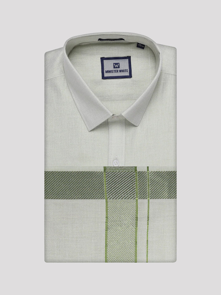 Men's Sky Green Tissue Shirt and Dhoti Set with Intricate Jacquard Border Plum