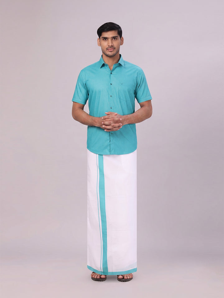 Mens Sky Green Color Shirt with Matching Border Dhoti Combo Casper