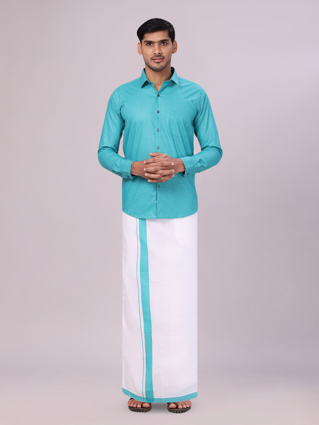 Men's Sky Blue Color Shirt with Matching Border Dhoti Combo Casper