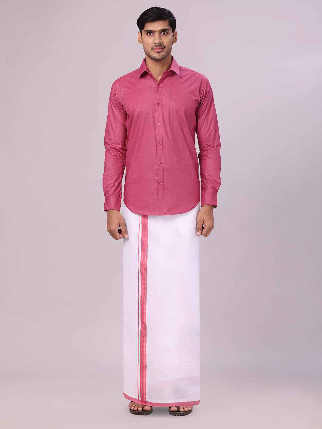 Mens Pink Color Shirt with Matching Border Dhoti Combo Casper