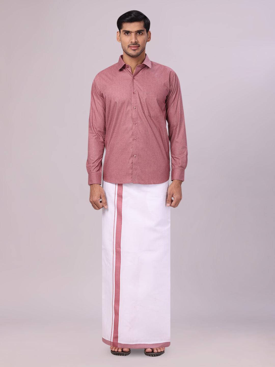 Men's Light Maroon Shirt with Matching Border Flexi Dhoti Combo Casper Flexi