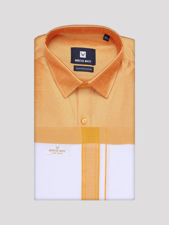 Men's Yellow Dupion Satin Color Shirt with Matching Border Flexi Dhoti Combo Gora Flexi