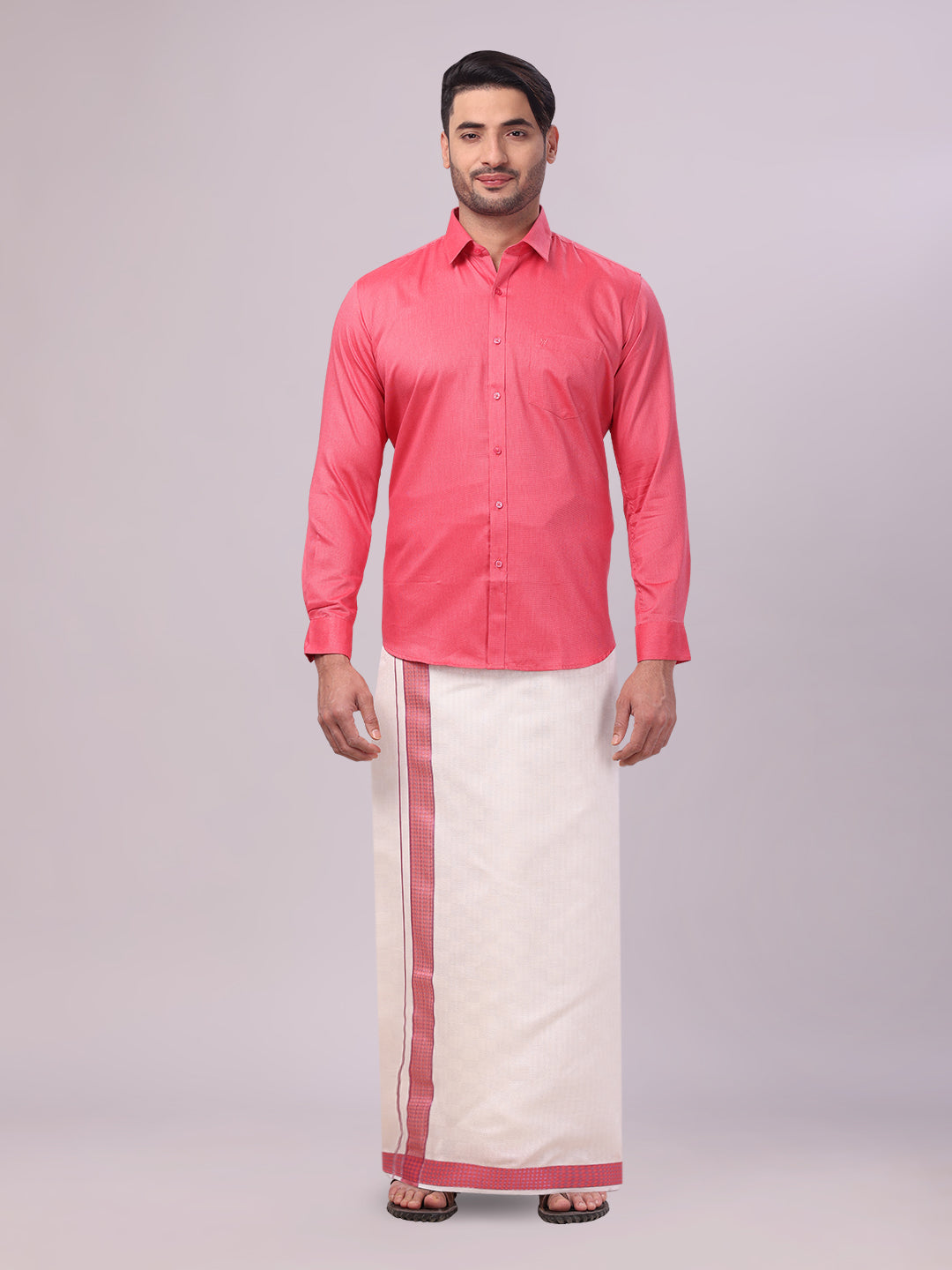 Men's Cotton Dark Pink Shirt and Airtex Matching Border Dhoti Combo Nector