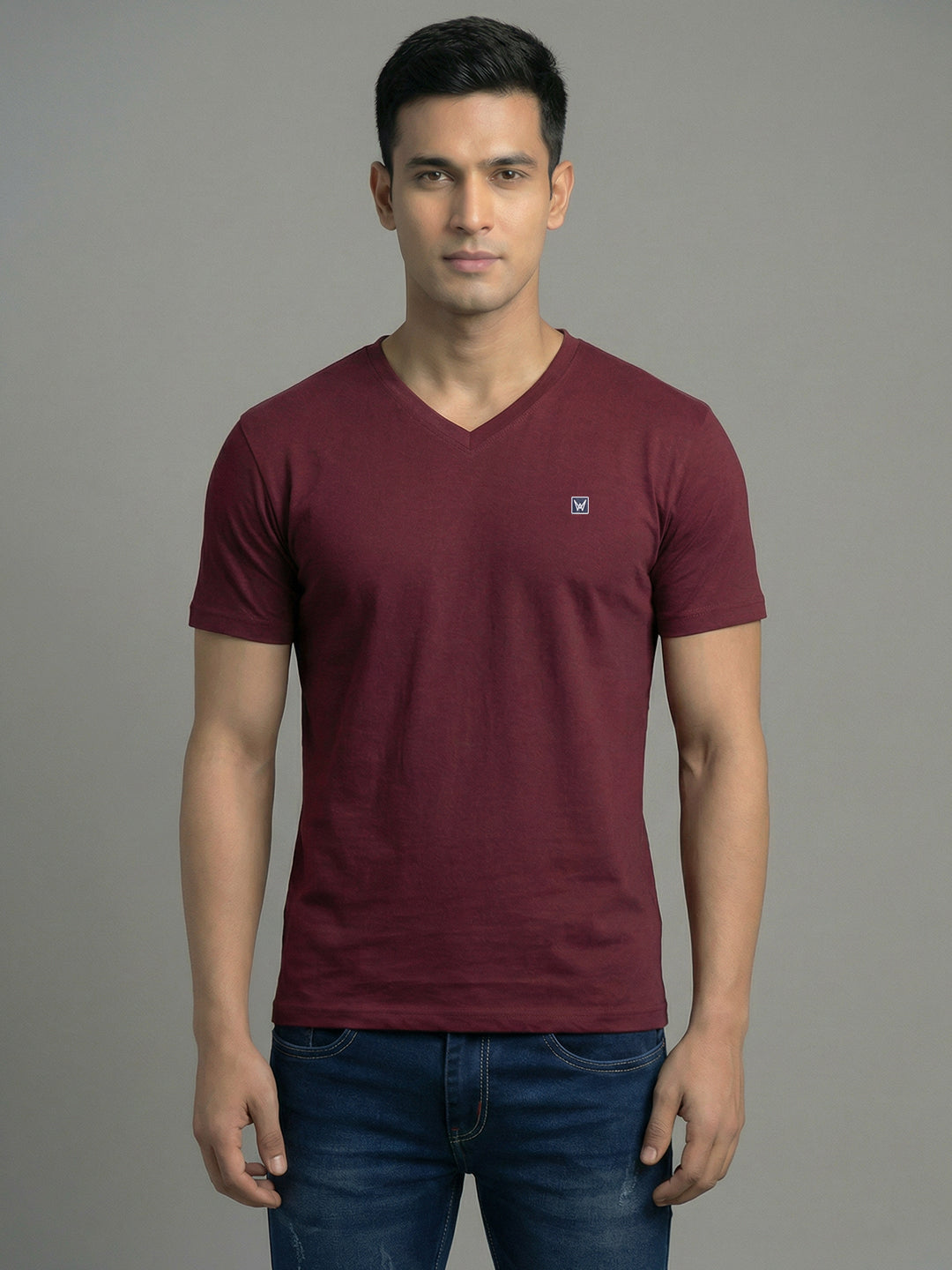 Men's Wine Regular Fit V-Neck T-Shirt Caliber