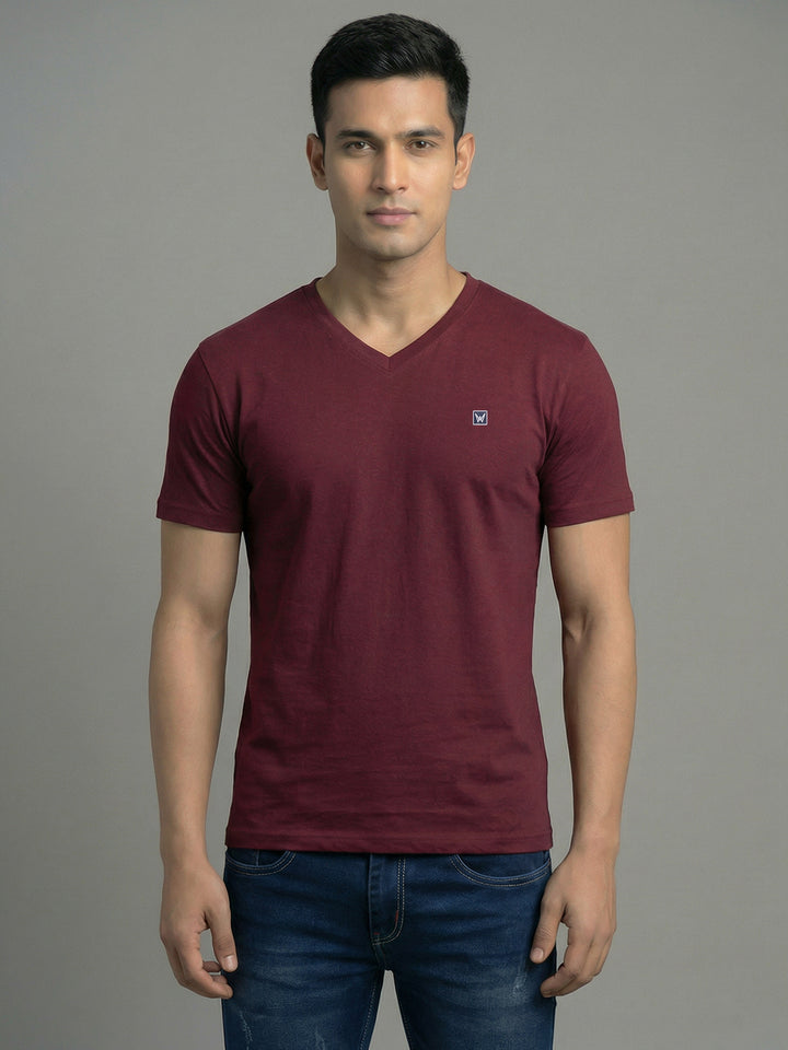 Men's Wine Regular Fit V-Neck T-Shirt Caliber