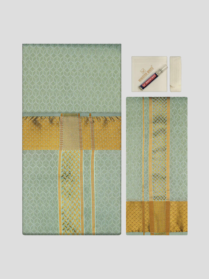 Men's Premium Art Silk Pista Green Shirt Bit with 2 1/2" Gold Jari Border Dhoti Towel Combo Sweden