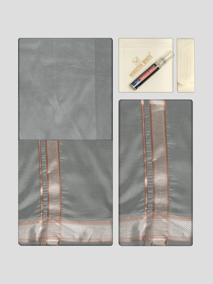 Men's Premium Art Silk Steel Grey Shirt Bit with Silver Jari Border Dhoti Towel Combo Wedding Wonders
