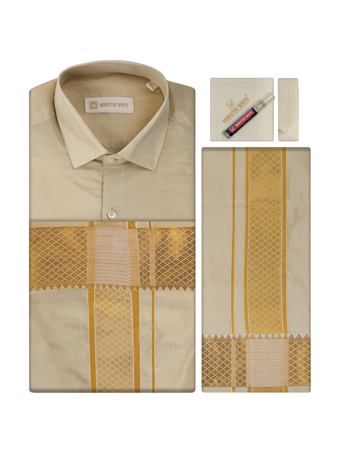 Men's Art Silk Medium Gold Jacquard Full Sleeves Shirt with 3"  Gold Jari Border & Towel Dhoti Combo Mangal
