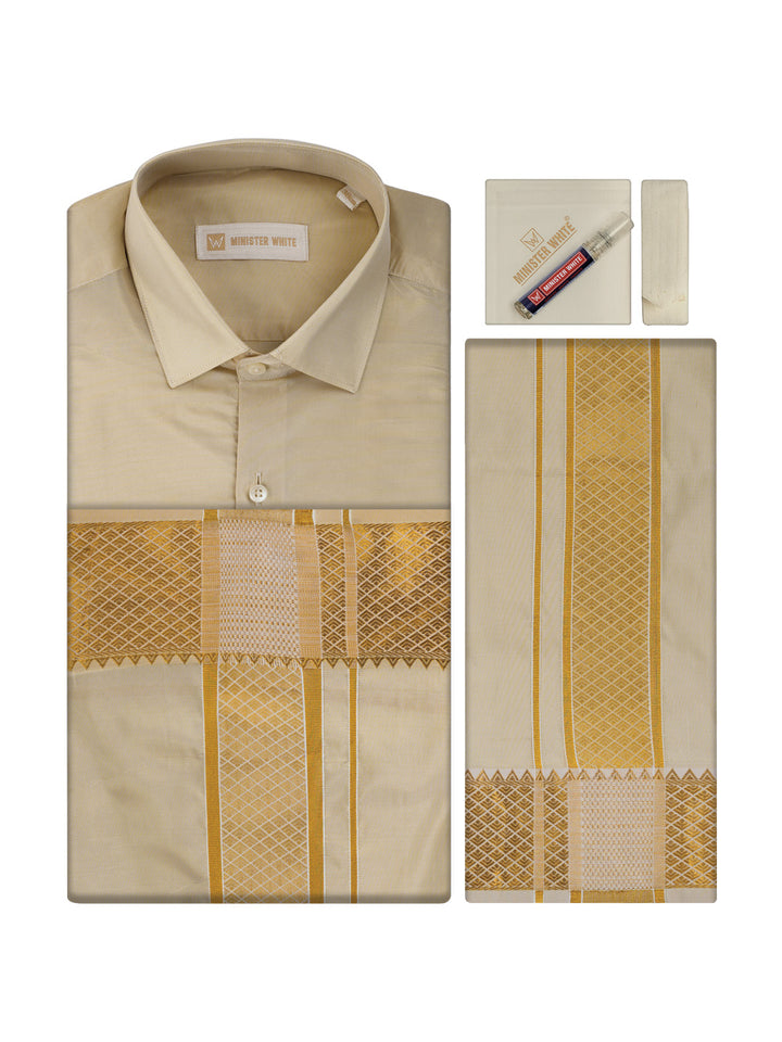 Men's Art Silk Medium Gold Jacquard Full Sleeves Shirt with 3"  Gold Jari Border & Towel Dhoti Combo Mangal