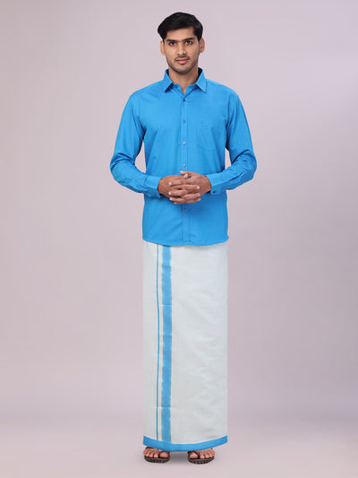 Mens Cotton Blue Shirt with Tissue Matching Border Flexi Dhoti Wedding Combo Kandala