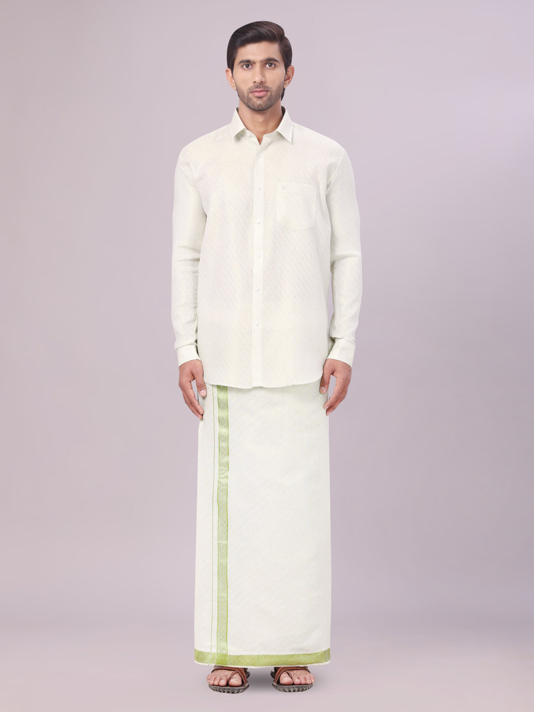 Men's Leaf Green Tissue Jacquard Shirt with Matching Dhoti Combo Zeus