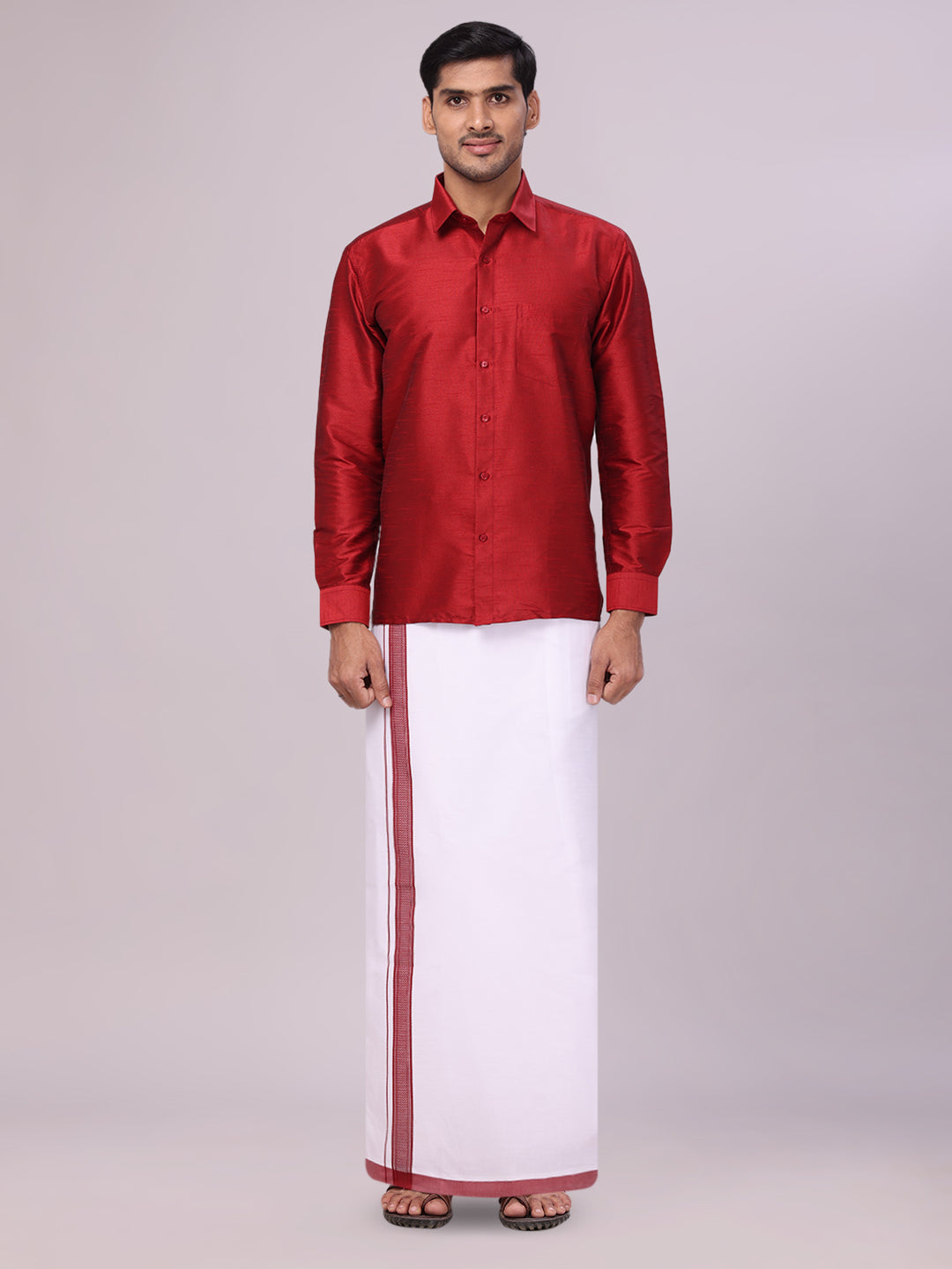 Men's Red Dupion Satin Color Shirt with Matching Border Flexi Dhoti Combo Gora Flexi