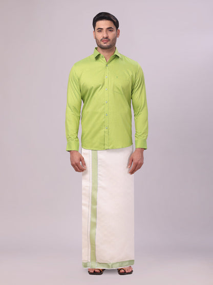 Men's Cotton Parrot Green Shirt and Airtex Matching Border Dhoti Combo Nector